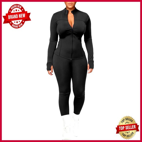Long Sleeve Zipper Jacket & Leggings Workout Set Bodycon Fit 80% Polyester
